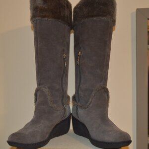 Guess Gray Suede Leather High Boots Wedge Heels Possibly Size 8 1/2